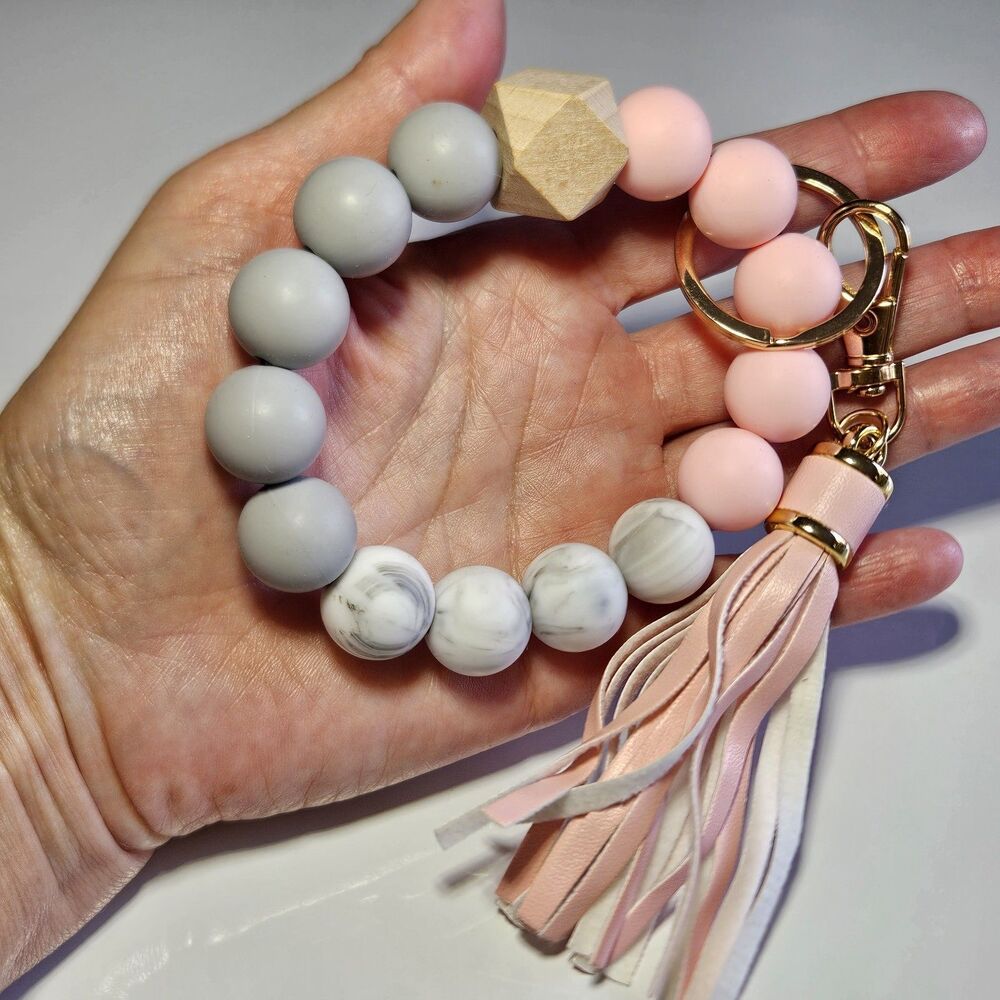 Pink Gray White Gold Tone Silicone Bead Bracelet Removable Keychain Tassel